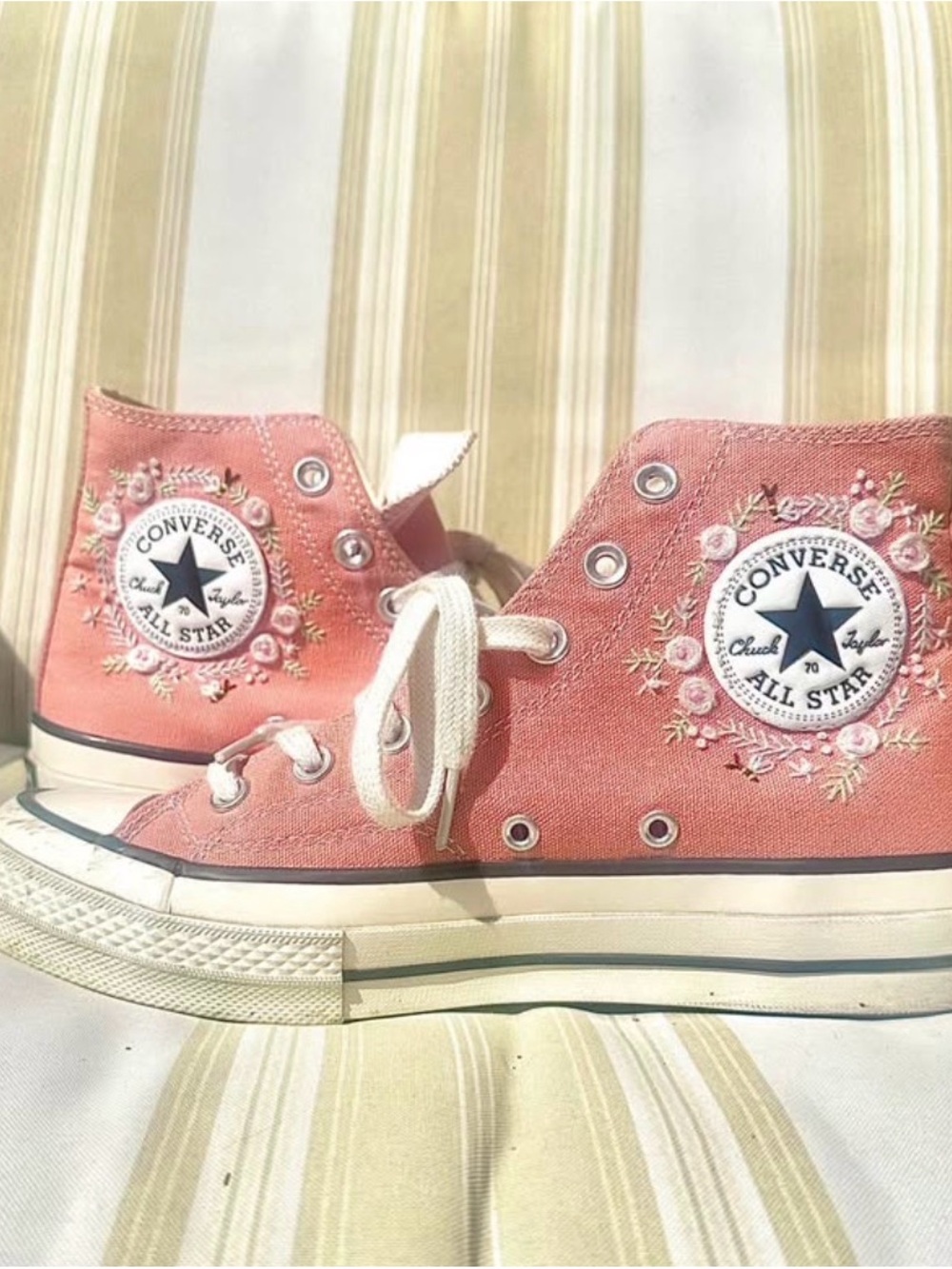 Converse Embroidered High Top Sneakers in Coral Pink with White Accents - Picture 1 of 6